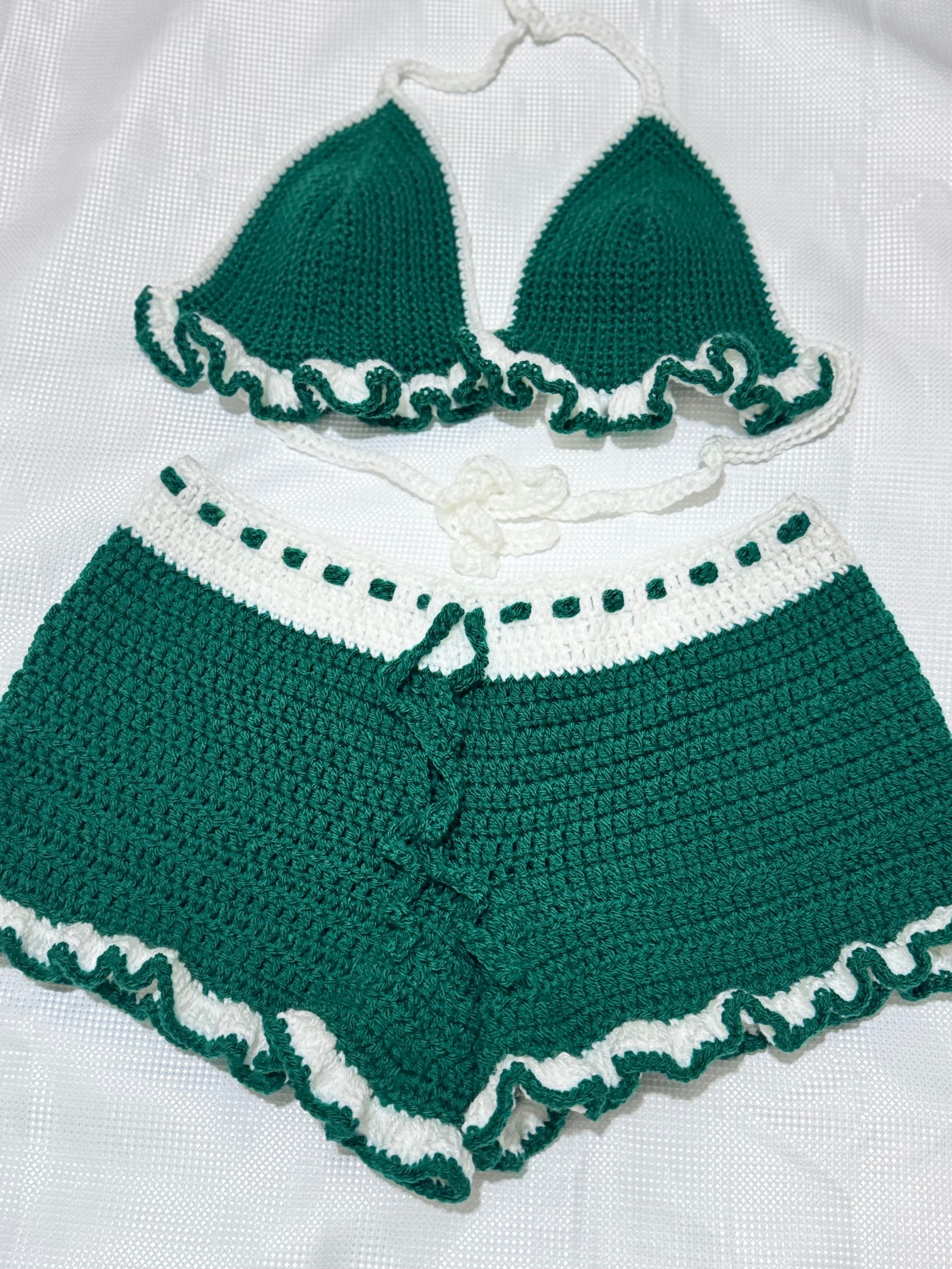 Emerald and White Crochet Ruffle Set – Handmade Bralette and Shorts